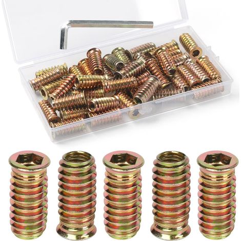 Insert Fileté Bois M6 x 20mm, 40 Pièces Insert à Vis, Écrous à Visser, Inserts D'écrou Borgne Ecrou Hexagonal, Douille Filetée Visser Metal Zinc Intérieur Manchons, pour Meubles en Bois (1/5)