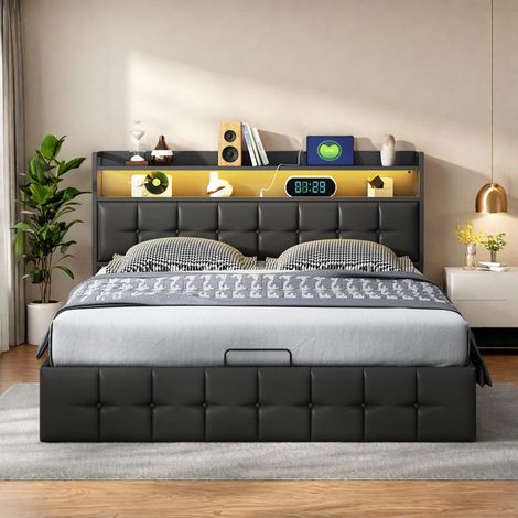 Bett 140x190 cm - Doppelbett für Erwachsene - Schwarzes PU - Integrierte LED - Hydraulischer Stauraum