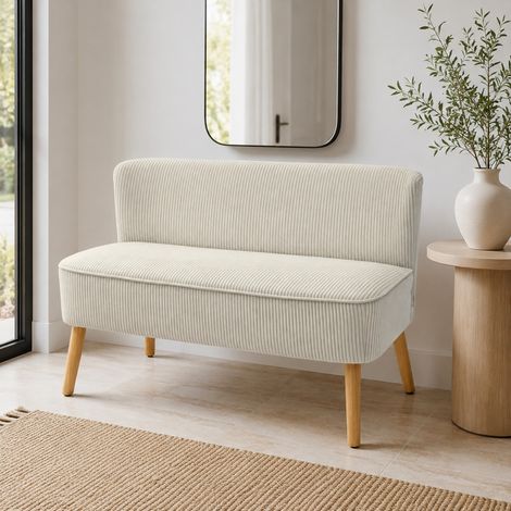 Sofá de 2 plazas sin reposabrazos, efecto pana, patas de madera, blanco crema (1/5)