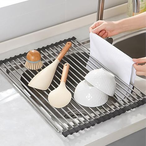 Générique Égouttoir à Vaisselle en Acier Inoxydable au-Dessus de l'évier, Tapis d'égouttement, Pliable, Organisateur de Cuisine pour Porte-torchons, Fruits, légumes (1/5)