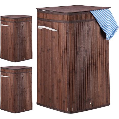 Relaxdays 3x Bamboo Pop-Up Laundry Hamper, with Handles, Portable, 70L Load, Square Laundry Bag, HxØ: 63 x 36cm, Brown