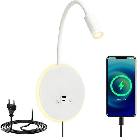 Lampe de lecture murale LED, lampe de chevet LED, applique murale avec port de chargement USB et interrupteur, blanche (1/5)