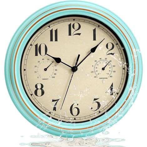 Horloge Murale Etanche 30cm Extérieur Vintage Thermo Hygromètre Jardin Horloge extérieure étanche avec thermomètre et hygromètre,sans tic-tac. Idéale jardin, salle de bain, véranda, piscine. (1/5)