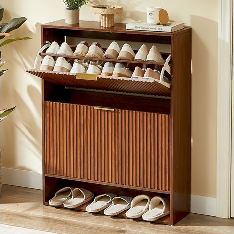 Meuble à chaussures 80x24x102 cm en MDF couleur noyer, gain de place pour entrée FloraGrace (1/5)