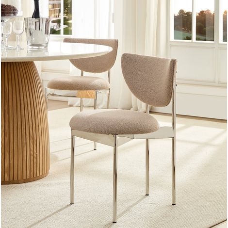 Silla de comedor de tejido y metal, respaldo orbital, estructura de acero inoxidable pulido, caqui claro (1/5)