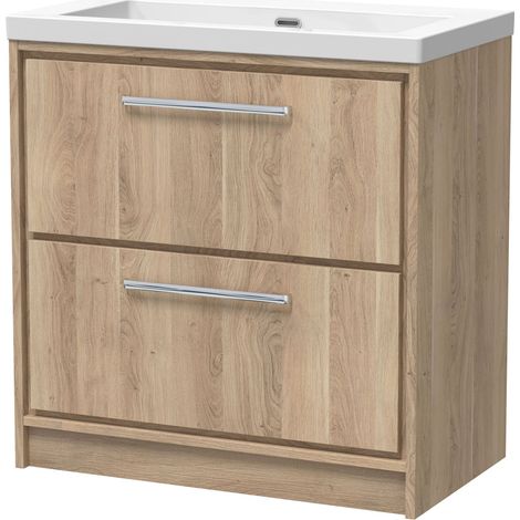 Longnor 2 Drawer Floor Standing Vanity Unit with 1 Tap Hole Modern Fireclay Basin, Light Oak, 800mm