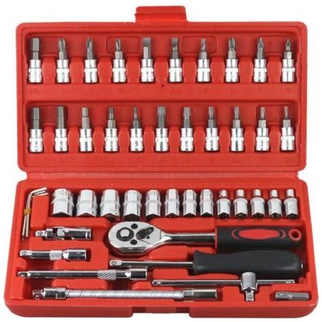 Set di chiavi a cricchetto da 46 pezzi con attacco da 1/4 di pollice, bussole metriche e prolunga per riparazioni auto e progetti fai da te.
