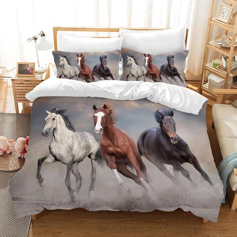 Parure de lit Motif Chevaux 220x240cm- Blanc, Noir, Marron avec Housse de Couette et taie d'oreiller - pour Décoration de Chambre à Coucher (King(220x240cm), B) - King(220x240cm) (1/5)