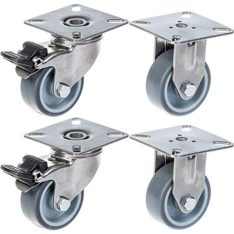 Rollen - Inox - 50 mm - Grauen Gummi - Mit Bremse - Fest und schwenkbar - Set von 4