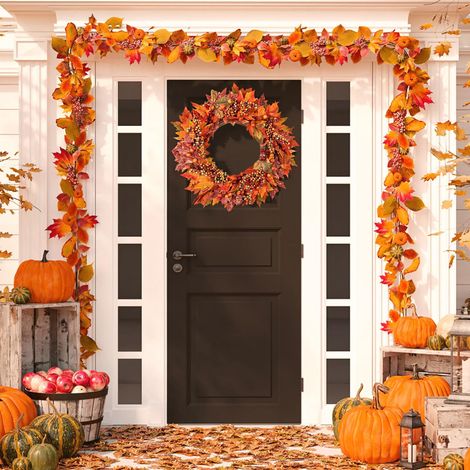 Guirlande Murale Artificielle - Feuilles D'érable Et Baies 3D - Décoration De Porte Ou Mur Pour Thanksgiving Et Noël - 1 Pièce (1/5)