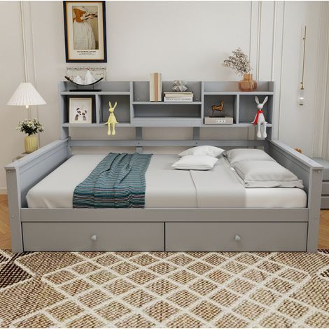 Cama individual 90 x 200 cm con cajones y estantes, gris HAVRYA (1/5)