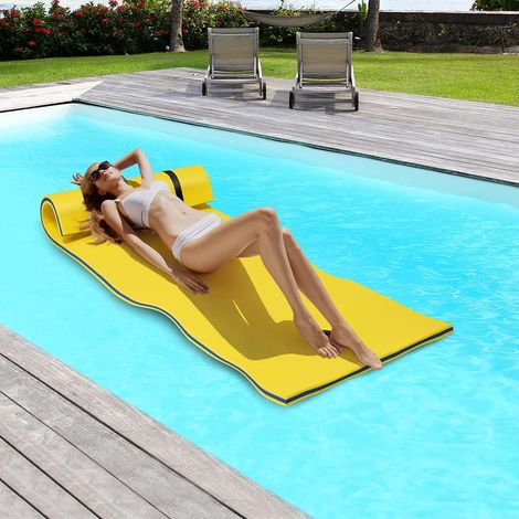 Goplus – Tapis flottant de piscine en mousse XPE 210x66cm – Résistant avec oreiller roulant – Cordon élastique de 1,5m – Pour 1 personne (jaune)