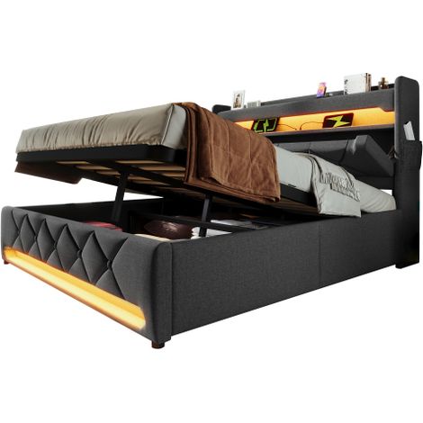 Polsterbett Einzelbett, Stauraum Kopfteil mit USB und Typ C-Port ,360-Surround-LED-Funktion rund um Kopf- und Fußende des, Betten mit Hydraulisch Stauraum, Leinen(Ohne Matratze)