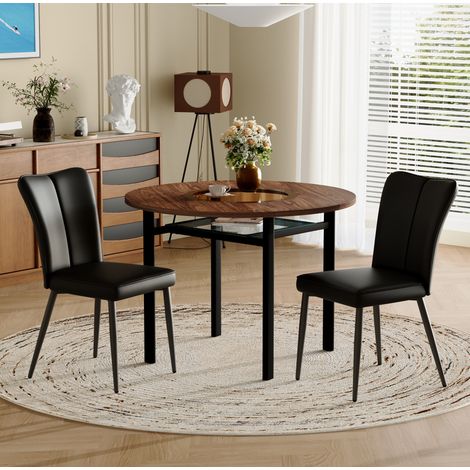 Table à manger ronde 100 cm avec 2 chaises noires en cuir régénéré, plateau effet bois et verre central, pieds réglables CHICFURN (1/5)