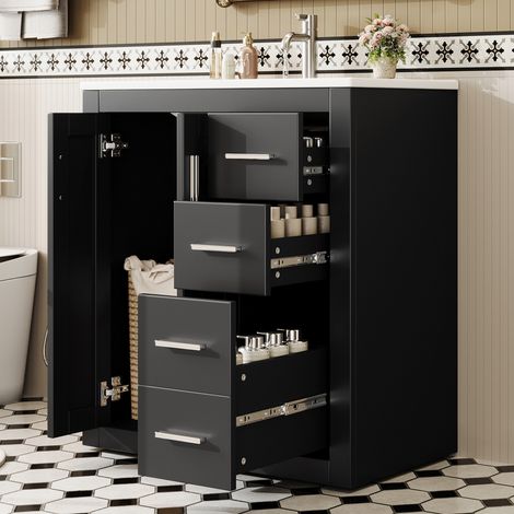 Meuble de Salle de Bain sur Pied avec Vasque Intégrée 76x46,5x85,5 cm Noir - Meuble Sous Lavabo Laqué avec 3 Tiroirs et 2 Portes Silencieuses