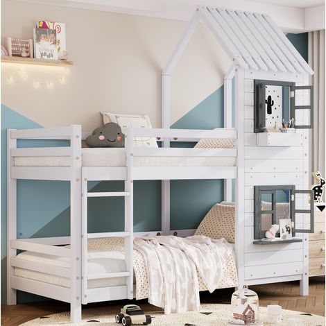 Litera infantil de madera maciza y MDF blanca y gris 90x200 cm con ventanas, barandillas y escalera con pasamanos (1/5)