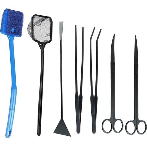 Kit d'aquarium 7 en 1 - Ciseaux et pince à épiler en acier inoxydable - Kit d'outils pour aquarium - Kit de démarrage de nettoyage pour poissons et plantes aquatiques