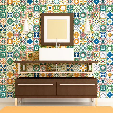 Sticker Mural Carrelage adhésif Cuisine Salle de Bain - 60 STICKERS CARREAUX DE CIMENT AZULEJOS LOTINA - 60stickers20x20cm (1/5)