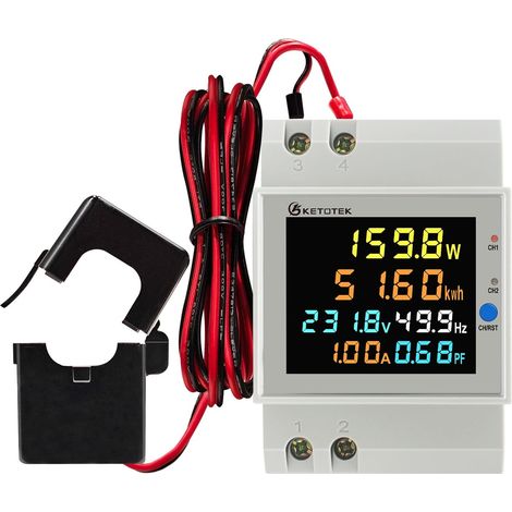 Compteur Électrique Monophasé, 2 Voies de Mesure, Compteur Énergie sur Rail DIN avec LCD, Compteur kWh AC40-300V 100A avec Transformateur de Courant à Noyau Divisé CT (1/5)