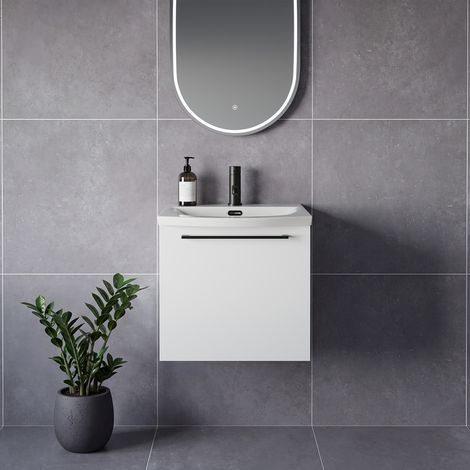 Napoli 390 Gloss White 500mm Wall Mounted Single Drawer Vanity Unit with Arc Basin - 500mm - Matt Black 320mm Handle