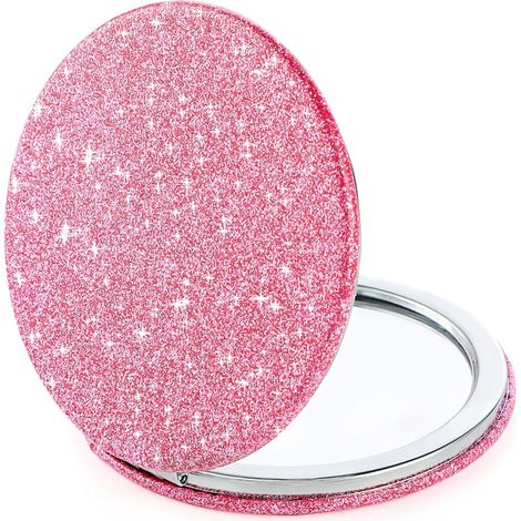 Kompakter Faltspiegel – 1 Stück – Glitzerndes Kunstleder – Doppelseitige 2-fache Vergrößerung – Reise- und Handtaschengröße – Rosa, 7,4 cm (1/5)