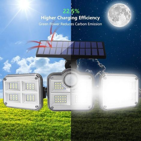 Wasserdichte Solarleuchten für den Außenbereich, 270° Weitwinkel-Solarleuchten mit Bewegungsmelder, 3 verstellbare Leuchtenköpfe, 122 LED-Strahler mit integrierter Solarbeleuchtung (1/4)