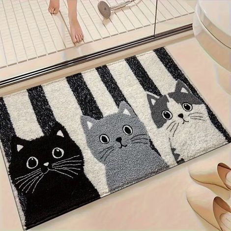 Tapis de Bain Antidérapant Motif Chat – Polyester Doux, Rayures Noir, Gris et Blanc, Décoration Salle de Bain, Cuisine et Chambre (50x80 cm) (1/5)