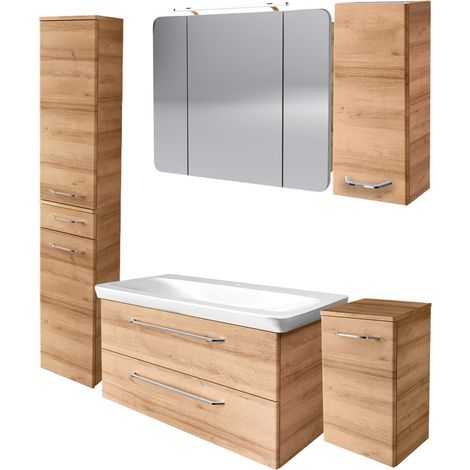 Fackelmann MILANO Badmöbel Set 6-teilig, 100 cm, Braun hell, Keramik, Spiegelschrank + 3 Badschränke"-"90298145 (1/5)