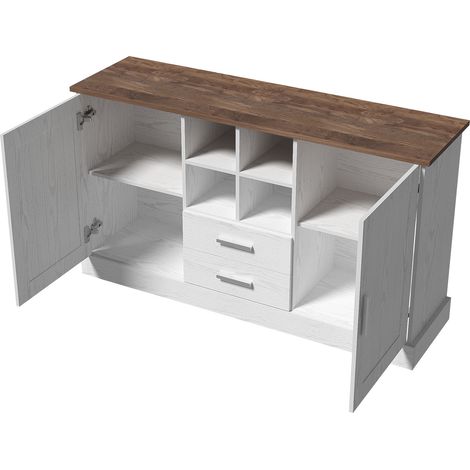 Buffet 140 x 40 x 79,5 cm, veinage du bois blanc et brun - 2 portes, 2 tiroirs