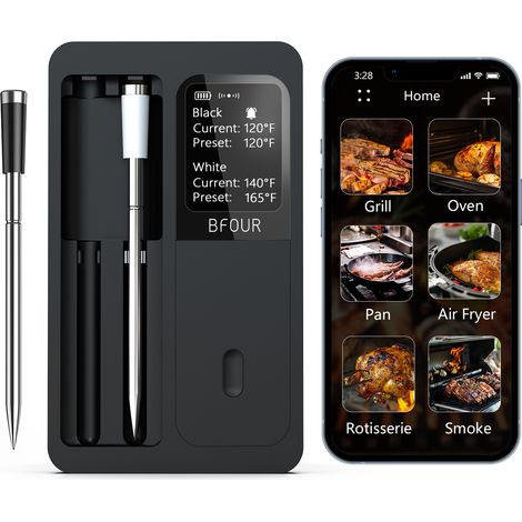 Thermomètre à viande sans fil WiFi avec 2 sondes, compatible avec les fours, les friteuses, les poêles, les grils, les fumoirs et les poêles à frire. (1/4)