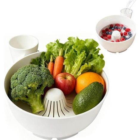 Bol égoutteur rotatif imprimé 3D, petite taille. Lave et essore les légumes et fruits. Filtre intégré. (1/5)