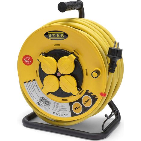 Stak REELPRO-FR-25 Avvolgitore elettrico professionale, tamburo fisso, impermeabile IP44 cavo 25 m in gomma 3G2.5m㎡ per cantiere, bricolage, giardino. 4 Prese, telaio in acciaio, Giallo (1/5)