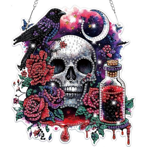 5D Diamant Malerei Anhänger Totenkopf mit Rosen, Gothic Fensterbild Bastelset
