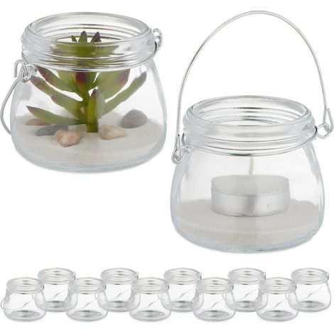 Photophore, Lot de 12, Verre, avec Anse, pour intérieur et extérieur, HxD: 6,5 x 7,5 cm, Transparent/argenté (1/5)