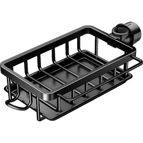 Égouttoir multifonction pour éponge et brosse vaisselle, porte-savon noir inoxydable, organiseur de robinet de cuisine avec plateau d'égouttage. (1/5)