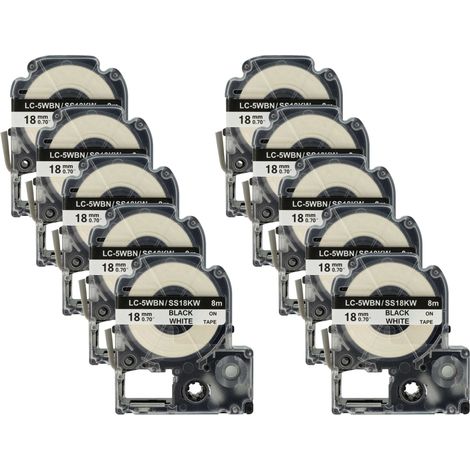 vhbw 10x Label Tape Replacement for Epson SS18KW, LC-5WBN for Label Printer 8m x 18 mm, Black on White (1/4)