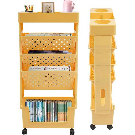 Étagère de rangement, Petite bibliothèque à roulettes, Chariot pliable avec 5 niveaux et roues pivotantes à 360°, Pour salon, cuisine, bibliothèque, chambre à coucher, bureau, Orange