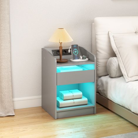 Mesita de Noche con Estación de Carga Luz LED RGB Cajón Estante Abierto Puertos USB y Control Remoto 40x40x58 Cm Gris (1/5)