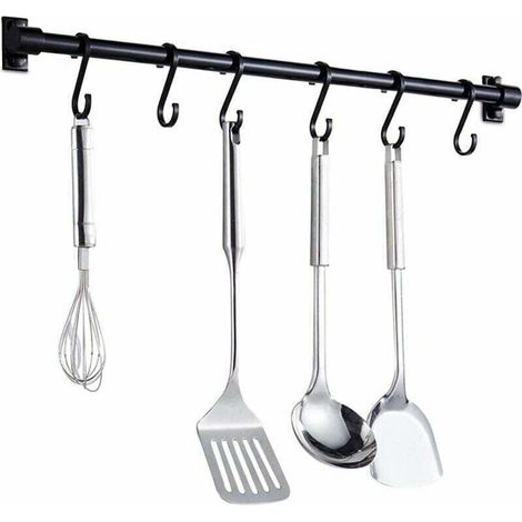 Barre Murale Cuisine Ustensiles 40CM - Barre Étagère de Cuisine avec 6 Crochets Amovibles - Rack Porte Étagère à Fixation Murale pour Ustensiles de Cuisine (Noir) (1/4)
