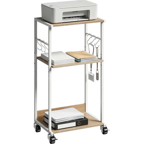 HOMCOM soporte para impresora de 3 niveles con ruedas, mueble para impresora con ganchos y marco metálico, estantería multiusos, madera natural