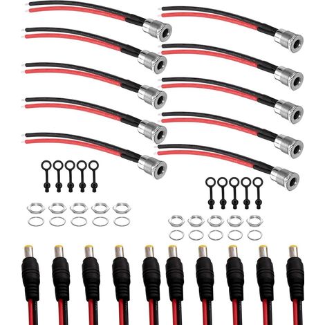 Lot de 10 adaptateurs de Montage de connecteurs Creux DC 5,5 x 2,1 mm – 10 Prises Jack d'alimentation CC, 10 fiches Creuses, 10 connecteurs de Montage et 20 caoutchoucs (1/5)