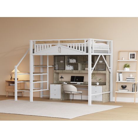 Lit superposé en métal 140x200 cm, structure originale avec fenêtre, échelle de sécurité incluse, grand rangement sous le lit, blanc (1/5)