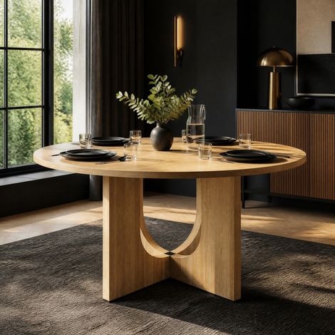 Mesa de comedor redonda para 4 a 6 personas, estilo nórdico, MDF, roble (1/5)