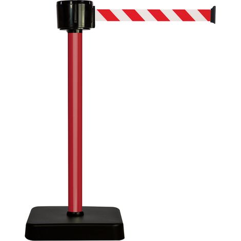 Poteau alu rouge à sangle grande longueur hachurée rouge/blanc 12m x 50mm sur socle mobile - 2810012 (1/2)