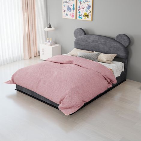 Bett gepolstert 140x200 cm grau, modernes Design mit cartoonförmigem Kopfteil und Bettkasten mit Gasdruckfeder (1/5)