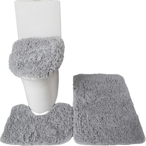 3-teiliges Set: Badematte, WC-Deckelbezug, U-förmiger Teppich, rutschfester, weicher Bodenteppich, wasserabsorbierende, robuste Fußmatte, B-Grau