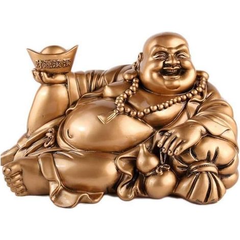 1 Statuette Bouddha Rieur Allongé, Résine Dorée, Lingot Yuan Bao, Gourde Wu Lou, Déco Intérieur