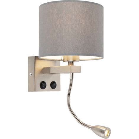 QAZQA Applique con braccio flessibile brescia combi - Moderno - Acciaio,Tessuto - Grigio/Acciaio - Tondo (non sostituibile) LED Max. 1 x 1 Watt