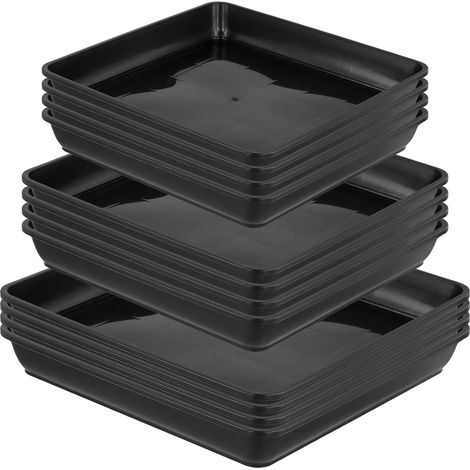 Lot de 12 soucoupes pour pots de fleurs, 3 tailles, carrés, noirs, pour plantes d'intérieur et d'extérieur (1/5)
