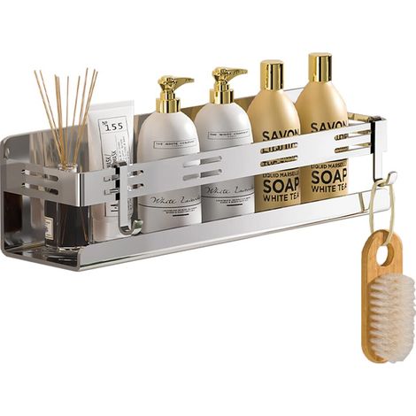 Étagère de douche chromée sans perçage en acier inoxydable - Support mural avec 2 crochets pour rasoir et serviettes - Accessoire de rangement pour salle de bain et cuisine (1/5)
